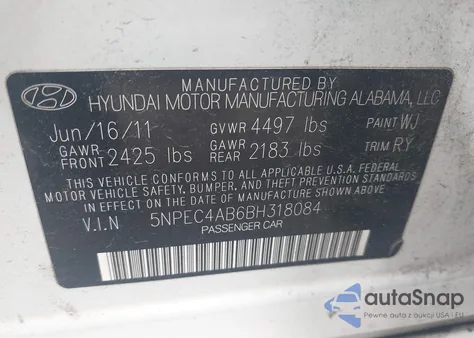 2011 Hyundai Sonata Se 2.0T z USA, uszkodzony, nr VIN 5NPEC4AB6BH318084
